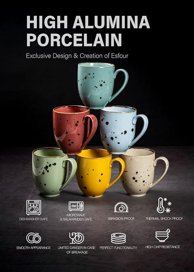 Esfour Ceramics Coffee Mugs Set Of 6, 14 Oz Large Handle Heavy Duty Cups - Microwave Dishwasher Safe - Latte, Cappuccino, Tea, Cocoa, Mocha - Men, Women, Home Office Daily Use, Vivid Assorted Colors
