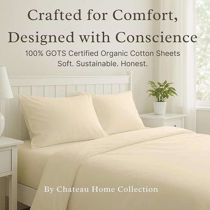 100% Organic Cotton King Size Sheets Set - Luxury Sateen Weave 300 TC 4 Piece 15" Deep Pocket King Sheets, GOTS Certified Naturally Cool Soft Breathable & Comfy Sheet & Pillowcase Sets - Ivory
