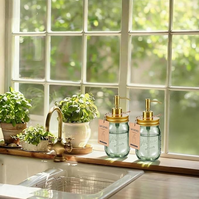SheeChung Mason Jar Green Glass Soap Dispenser, Stainless Steel Pump, Refillable Dish soap Dispenser for Kitchen, 16Oz Bathroom Hand Soap Dispenser for Lotion, Liquid, Farmhouse Decor-Gold, 1 Pack