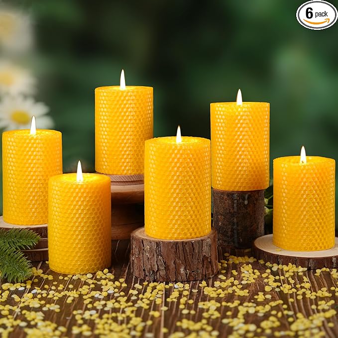 6 Pack Natural Beeswax Pillar Candles,2.8x4in Handmade Beeswax Rolled Candles,192 Hours Long Burning Honeycomb Bees Wax Candle for Gift & Home Decor,Dripless Smokeless Unscented