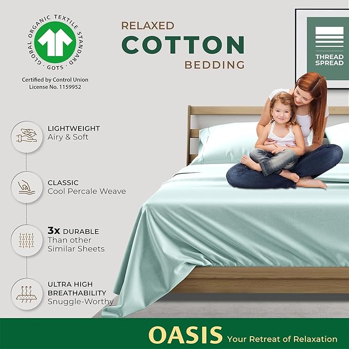 THREAD SPREAD 100% Organic Cotton Sheets Twin XL Size - 3 PC Organic Cotton Twin XL Percale Weave Sheet Set, Soft, Cooling, Crisp & Breathable, 16" Deep Pocket Bedding Set for Dorm Room - Sea Foam