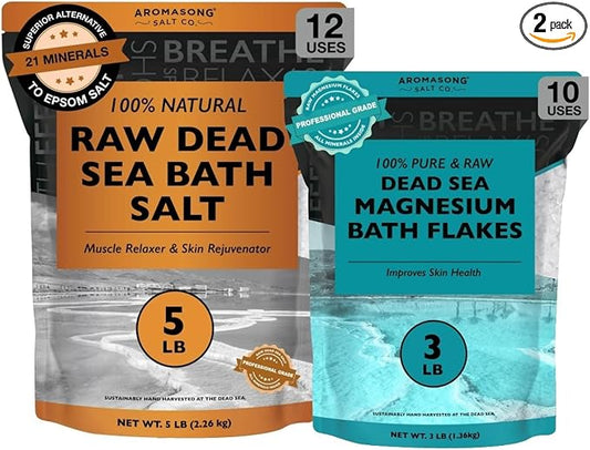 Aromasong Dead Sea Relaxation Bundle: 5 lbs Raw Dead Sea Salt + 3 lbs Magnesium Flakes for Bath Soaks and Skin Care