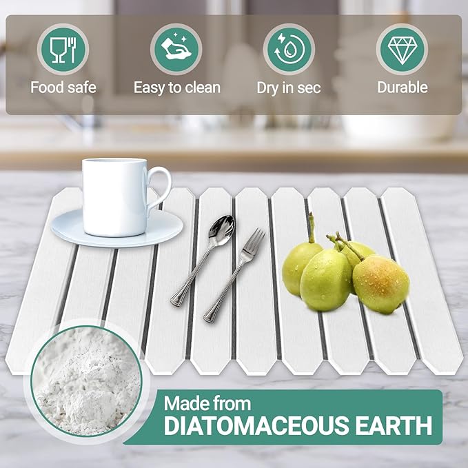 Large Stone Dish Drying Mats for Kitchen Counter, 23" L×15" W, Super Absorbent Fast Drying, Collapsible Diatomaceous Earth Dish Drying Mat - Trapezoidal, White