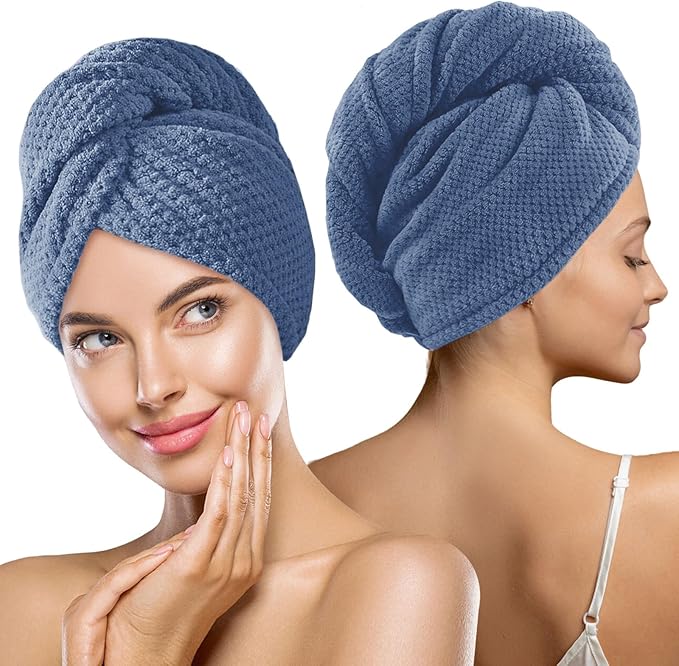 MaopaoBeauty 2 Pack Microfiber Hair Towel Wrap for Women Super Absorbent Quick Dry Hair Turban for Drying Curly, Long Thick Hair, Blue