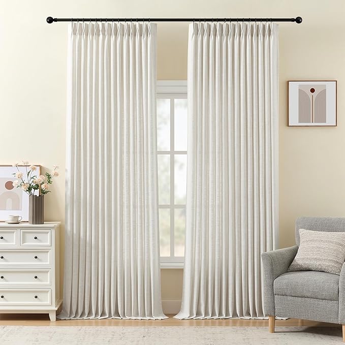 Extra Long Pinch Pleated Curtains 102 Inch Long for Living Room, Linen Blend Pinch Pleat Drapes with Hooks Rings Memory Trained Light Filtering Semi Sheer Curtain for Bedroom, 40W, Natural, 2 Panels