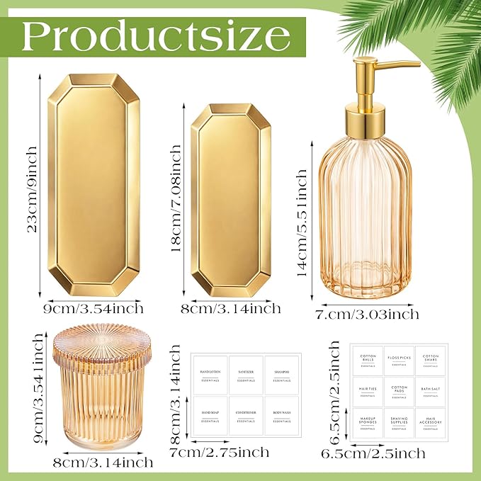 Yaomiao 7 Pack Amber Glass Bathroom Accessories Set, 2 Pcs Cotton Swabs Jar with Lids, 2 Pcs 18 oz Soap Dispenser with Pump and 2 Trays and Labels for Bathroom Kitchen Counter Organizer Vintage Gift