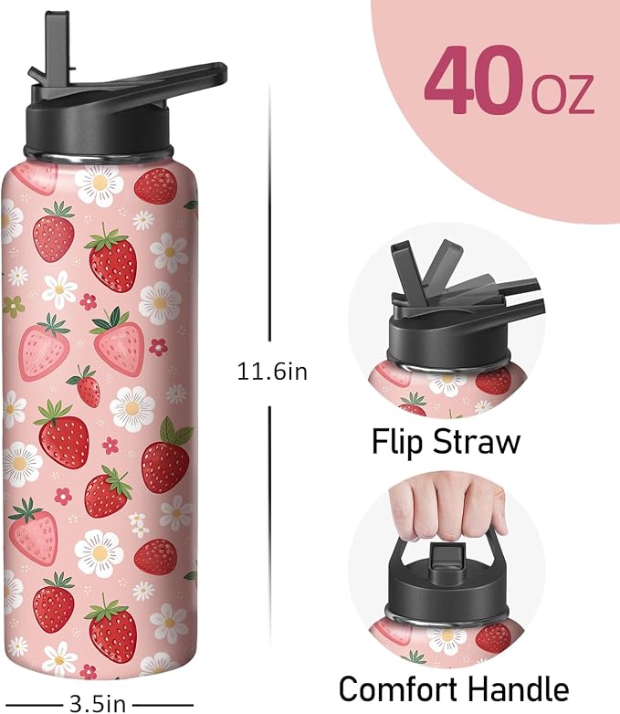 40oz Pink Strawberry Water Bottle with Handle and Flip Straw, Sports Stainless Steel Insulated Cup Travel Coffee Mug Tumbler, Birthday Mothers Day Chritmas Gifts for Women