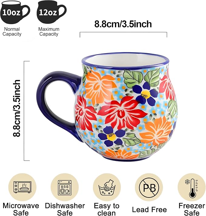 ALMA 12oz Handpainted Flower Ceramic Tea Cup | Microwave & Dishwasher Safe, Gift for Family Friends, Breakfast Nook Afternoon Tea Dining Table, Coffee Tea Lovers & Mom