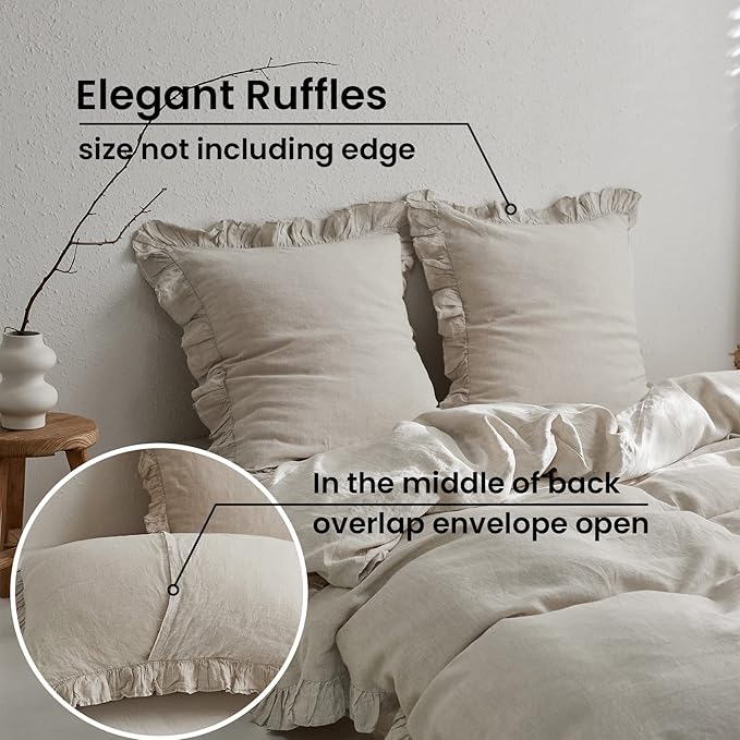 100% French Linen Euro Shams with Ruffles - Set of 2 - Washed Solid Color Natural Flax Soft Breathable Pillow Covers - Linen, 26'' x 26''