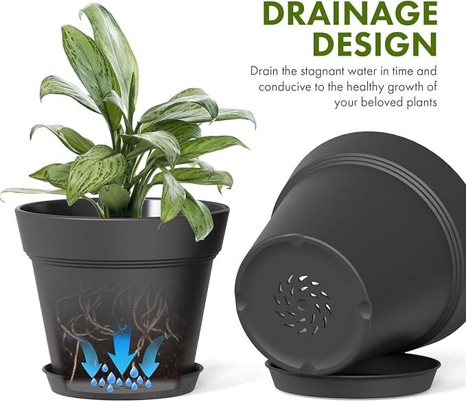 WSMKSZ 5 Inch Plastic Plant Pots with Drainage Holes and Trays – 6 Pack Small Nursery Pots for Indoor & Outdoor House Plants and Flowers, Seedling Starter Planters, Matte Black
