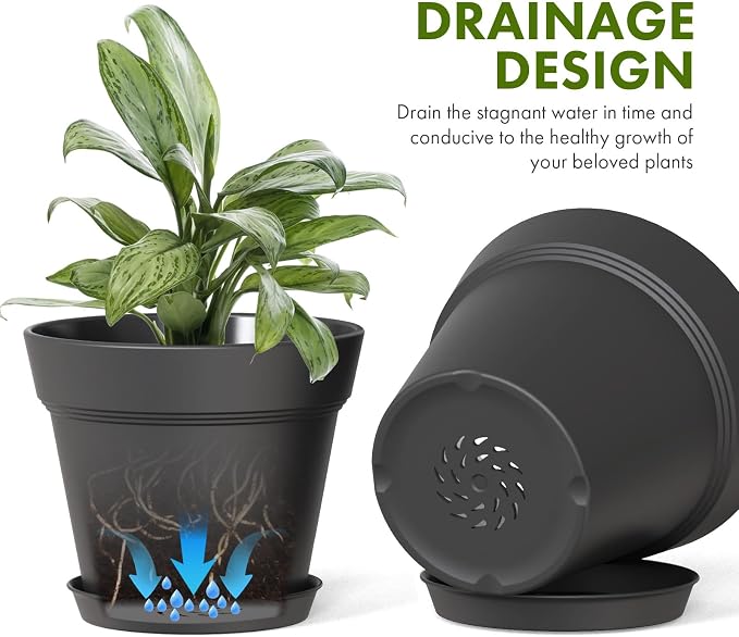 WSMKSZ 4 Inch Plastic Plant Pots with Drainage Holes and Trays – 8 Pack Small Nursery Pots for Indoor & Outdoor House Plants and Flowers, Seedling Starter Planters, Matte Black