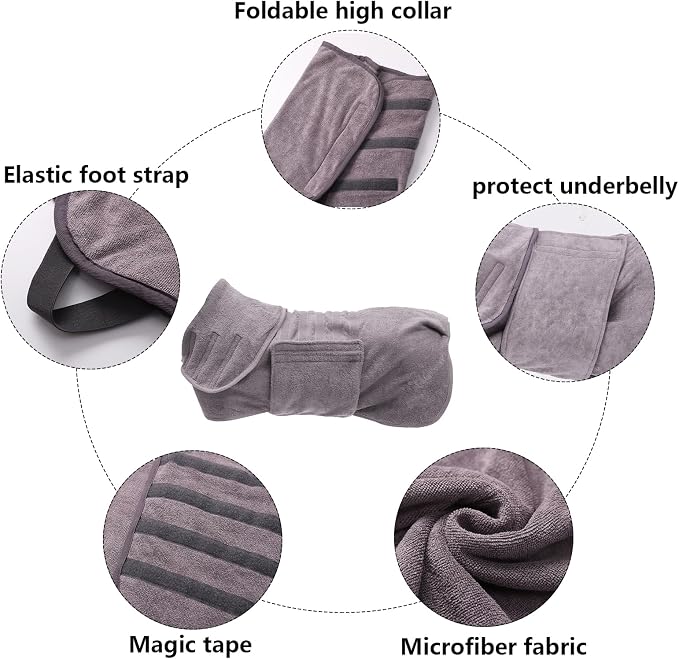 Geyecete Dog Drying Coat - Fast Drying Dog Bathrobe Towel - Microfibre Super Absorbent Pet Cat Bath Robe, Luxuriously Soft Gray XL