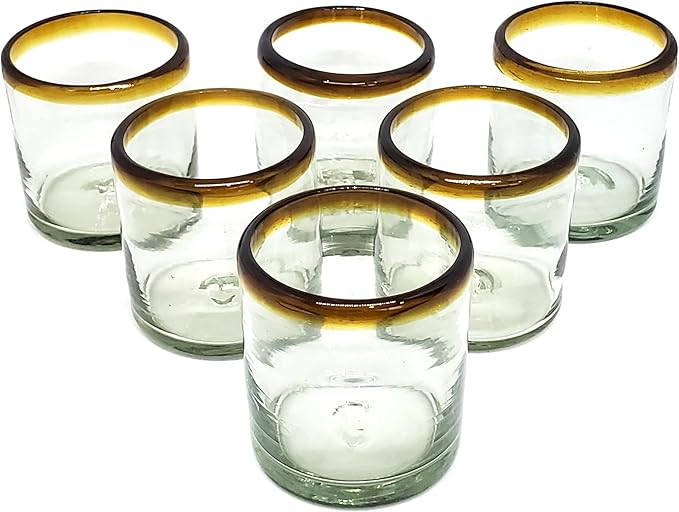 Amber Rim 8 oz DOF Rock Glasses (set of 6), Recycled Glass, Lead-free, Toxin-Free (DOF Rocks)