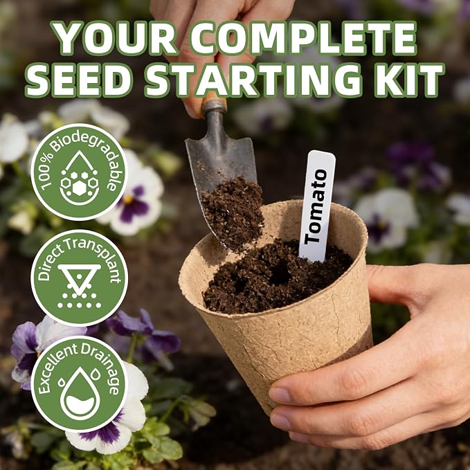 CLEANGOR 70Pcs Biodegradable 4” Peat Pots with 70Pcs Plant Labels | Biodegradable Seed Starter Pots with Drainage Holes, Nursery Pots for Seedlings, Herbs, Vegetables, Flowers, Gardening Kit