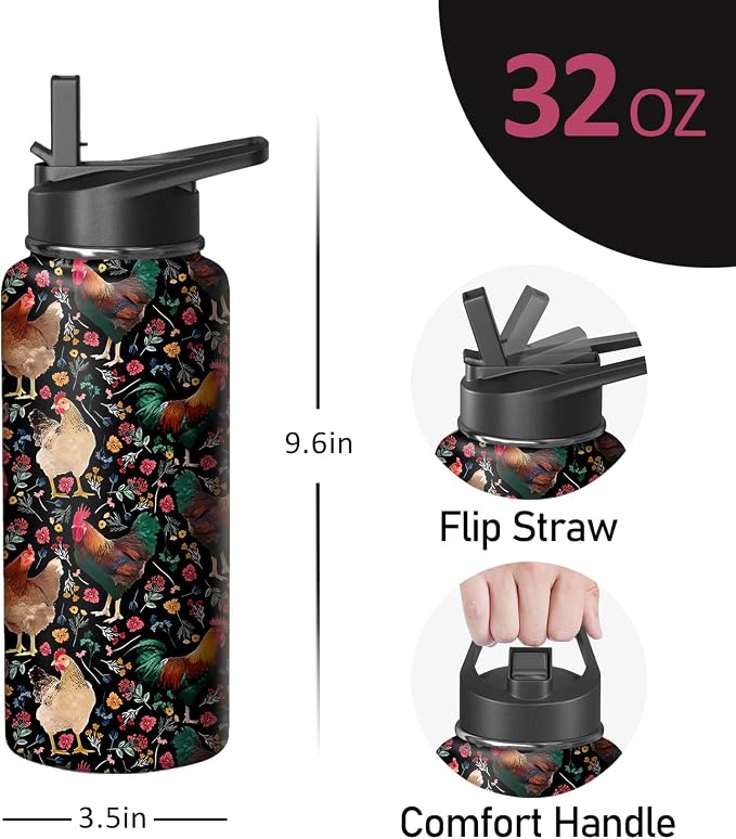 32oz Chicken Water Bottle with Handle and Flip Straw, Animal Sports Stainless Steel Insulated Cup Travel Coffee Mug Tumbler, Birthday Mothers Day Chritmas Gifts for Women