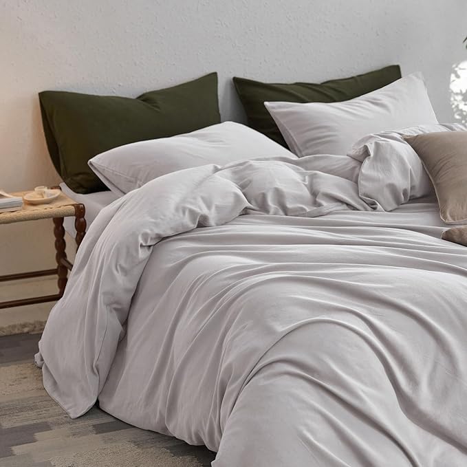 MooMee King Duvet Cover Set, 100% Washed Cotton Linen Like Twill Thick Sturdy Material Super Soft Breathable Durable Bedding for All Season, 3 Pieces (Light Gray, King 104"x90")