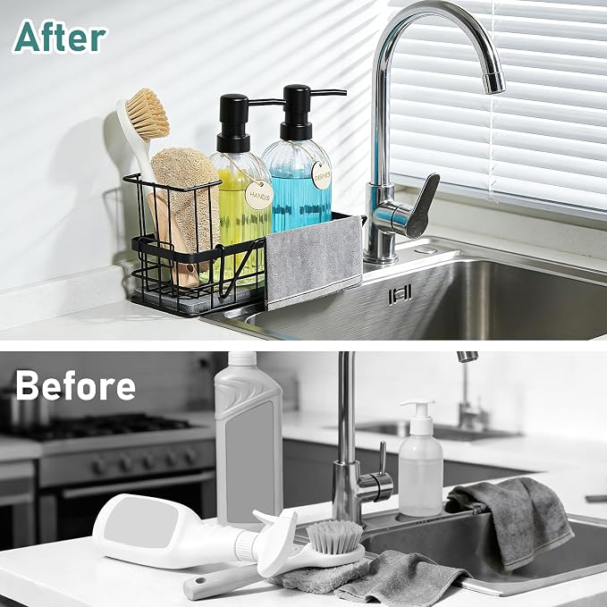 Hand and Dish Soap Dispenser Set, 14.4 oz/425 ml Dish Soap Dispenser, Dish Soap Dispenser with Sponge Holder & Diatomite Tray, for Countertop Organizer