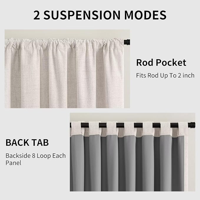 CUCRAF Linen 100% Blackout Curtains 84 Inch Length 2 Panels Set, Back Tab and Rod Pocket Curtain for Living Room Bedroom, Room Darkening Window Drapes Thermal Insulated, (52x84 inch, Greyish White)