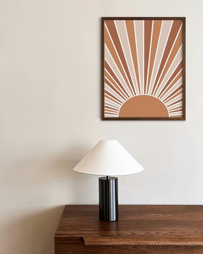 Boho Rising Sun Wall Art Sunburst Rays Earth Tones Terracotta Mid Century Modern 8x10 Inch Oak Wood Walnut Framed Minimalist Landscape Sunshine Print for Nursery Decor