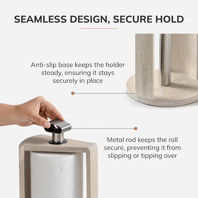 Anji Mountain Wooden Paper Towel Holder with Iron Holder, Holder Stand for Kitchen Roll Organizer & Kitchen Dining Table Home Décor, Countertop Fits Jumbo & Mega Rolls - Whitewash/Nickel, Top Load