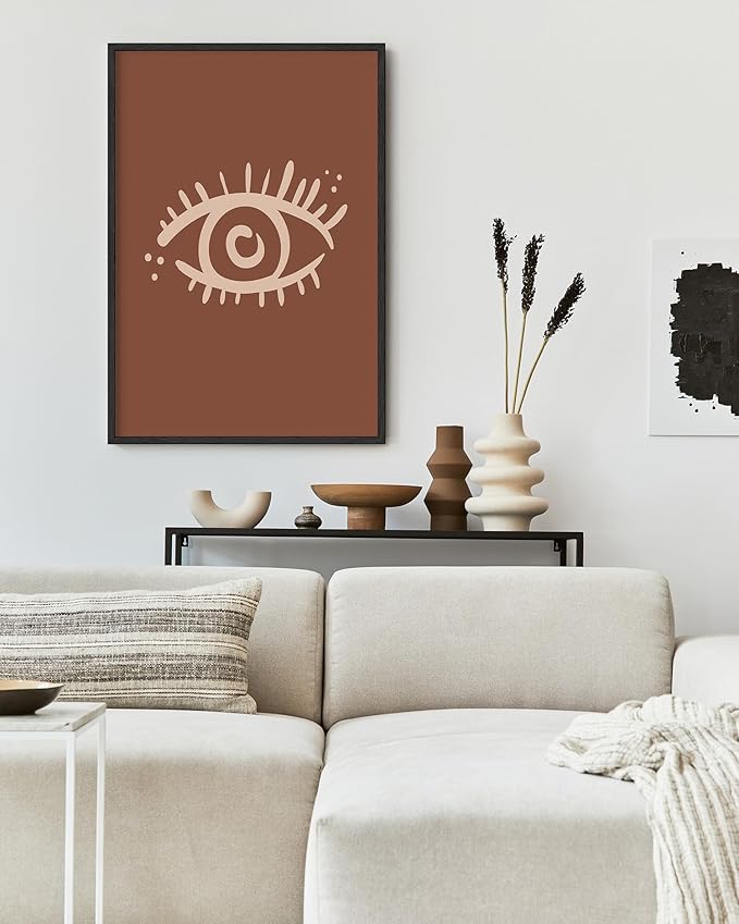 Mystical Evil Eye Wall Art Nazar Protection Symbol Earth Tones Terracotta Mid Century Modern 24x36 Inch Oak Wood Black Framed Boho Spiritual Decor Print for Home
