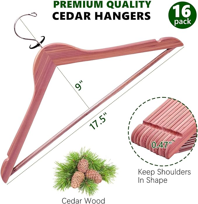 Amber Home 16 Pack Cedar Coat Hangers, Wooden Suit Hangers with Non-Slip Pant Bar, Cedar Hangers for Closet Organization, Shirts, Jackets, Dresses, and Pants