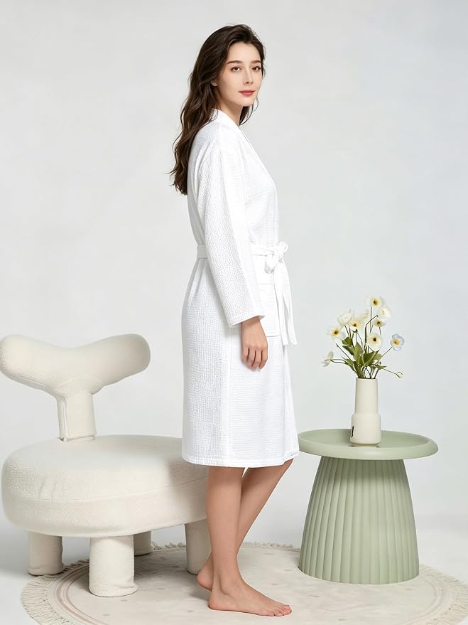 Waffle Robes for Women Knit Cotton Soft Spa Bathrobe | Lightweight Loungewear, Knee Length with Pockets, V Neck, Kimono, Absorbent, Breathable, Removable Belt