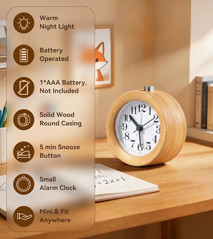 Wood Analog Alarm Clock - Non-Ticking Silent Small Round Clock, Battery Operated with Warm Night Light & Snooze Button for Students,Men,Women for Bedrooms/Desk/Bedside/Shelf, 3.7x3.7x1.7in