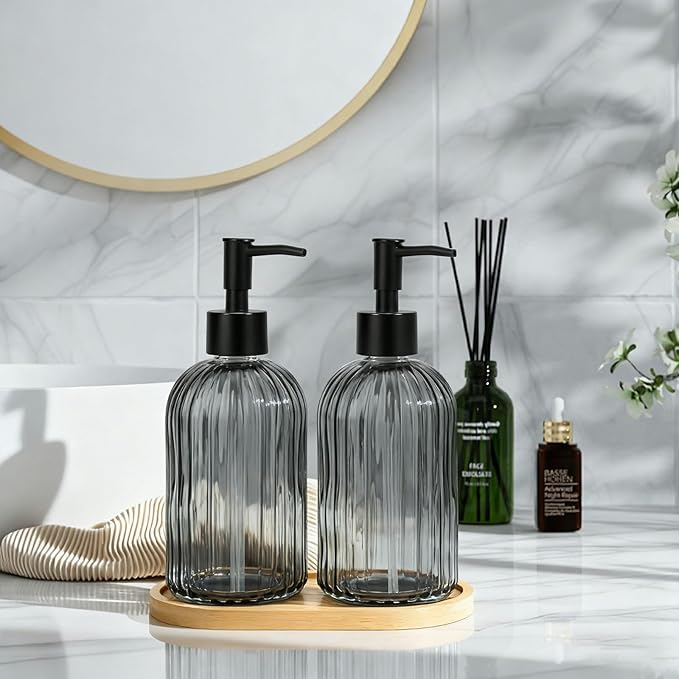 Glass Soap Dispenser Set with Wood Tray, Glass Soap Dispenser with Plastic Pump, Hand and Dish Set for Bathroom Decor (Grey)