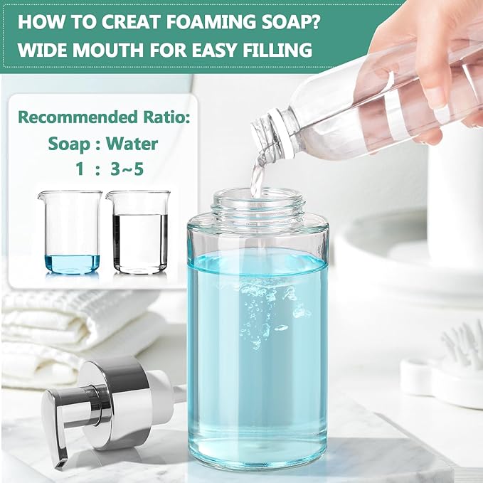 RYTOXILO Glass Soap Dispenser, 10 oz/300ml Foaming Soap Dispenser, 2 Pack Foaming Hand Dispenser for Bathroom & Kitchen, Clear Refillable Foam Soap Bottle with Silver Pump