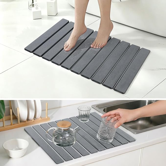 Large Stone Drying Mat for Kitchen Counter, Multifunction Stone Bath Mats for Bathroom, Collapsible Stone Dish Drying Mats, Quick Dry Diatomaceous Earth Drying Stone for Kitchen Counter, 24×16''-White