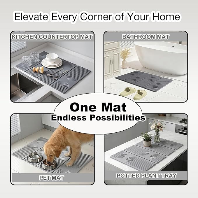 23.6"×15.7" Diatomaceous Earth Stone Dish Drying Mat, Foldable Super Absorbent Quick Dry Non-Slip Eco-Friendly Pad for Kitchen Counter, Dishes, Cups, Bottles & Utensils, Light Gray