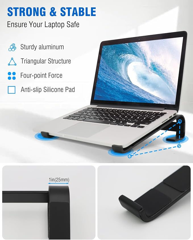 Laptop Stand for Desk, Ventilated Aluminum Laptop Riser, Black | Stable Typing Support, Fixed 17° Angle, 2.5 in Lift, Silicone Pads, Open Airflow, Fits Most 11–16 in Laptops, Tool Included
