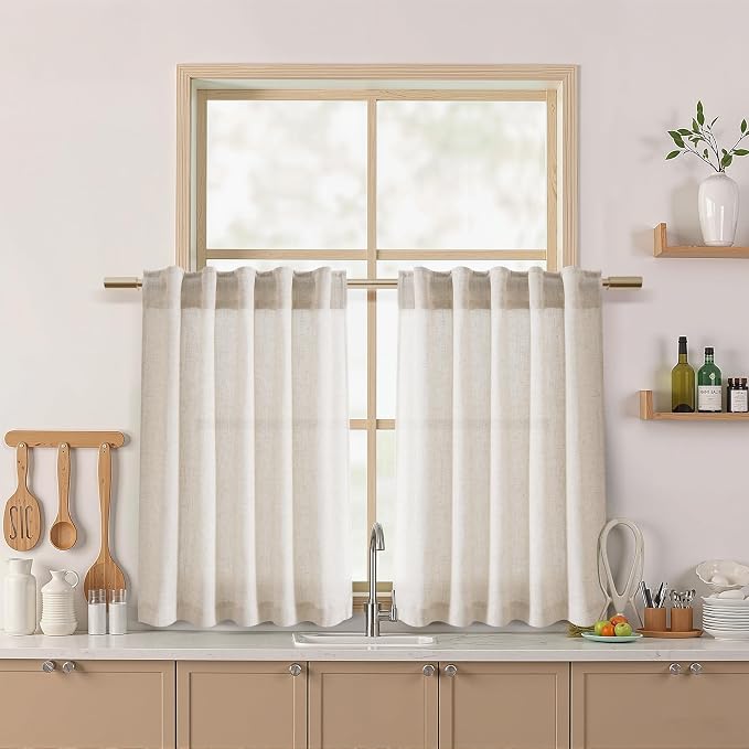 Nanspring Beige Linen Curtains for Kitchen Windows Over Sink Farmhouse Short Semi Sheer Curtains Back Tab and Rod Pocket Rustic Curtain Cortinas para Cocina for Cafe Bathroom,2 Panels 36 x 36
