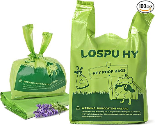 Poop Bags for Dogs, 100 Count Dog Poop Bags with Handles, Extra Thick Strong Leak Proof Doggie Waste Bag for Waste Refuse Cleanup, Outdoor Puppy Walking and Cats Litter