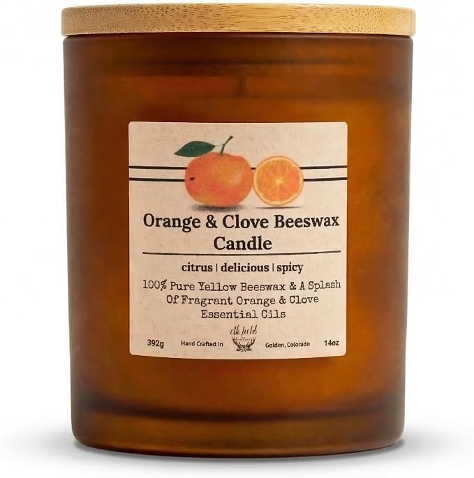 Orange Clove Organic Beeswax Candle, 14 oz | 2 Ingredients | 100% Pure Beeswax Candles, Non Toxic, Natural, Essential Oil Scented, Jar, 80 Hour