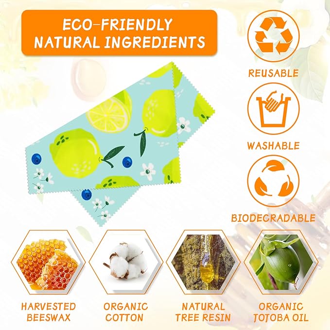 Reusable Beeswax Wrap - 9 Pack, Beeswax Wraps for Food, Eco-Friendly Beeswax Food Wrap, Organic, Sustainable, Biodegradable, Zero Waste, Plastic-Free Food Storage (1L Orange | 3M Lemon | 5S Pear)