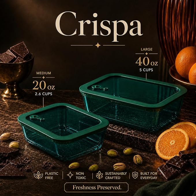 Crispa 8-Piece Teal Glass Food Storage Containers with Silicone Framed Glass Lids – 100% Plastic-Free Lunch Box Meal Prep Set (2x 40oz, 2x 20oz) – Leakproof Airtight Borosilicate for Freezer to Oven