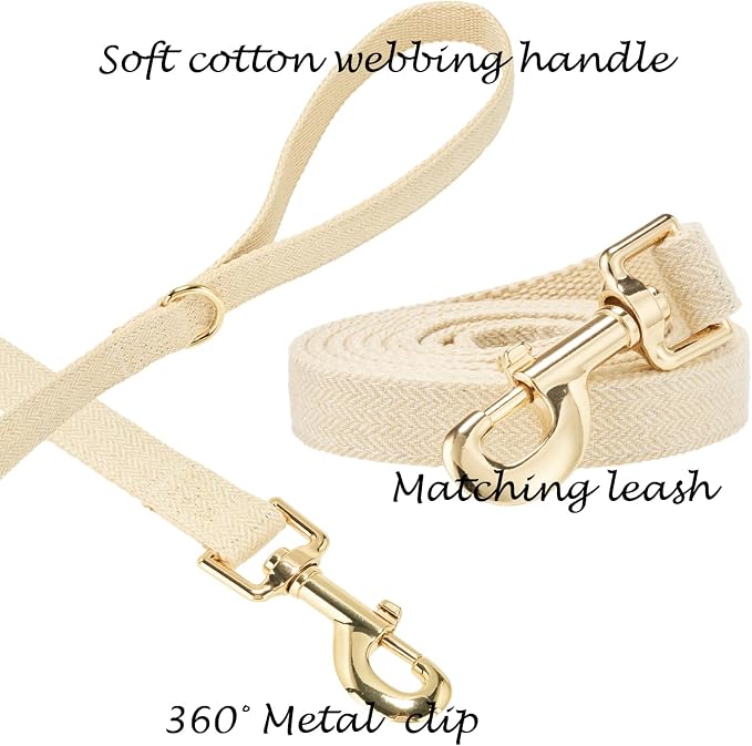 Luxury Soft Cotton Tweed Fabric Dog Collar & Leash Set with Gold Buckle – Durable Fabric, Stylish Design for Everyday Walks(Small Cream)