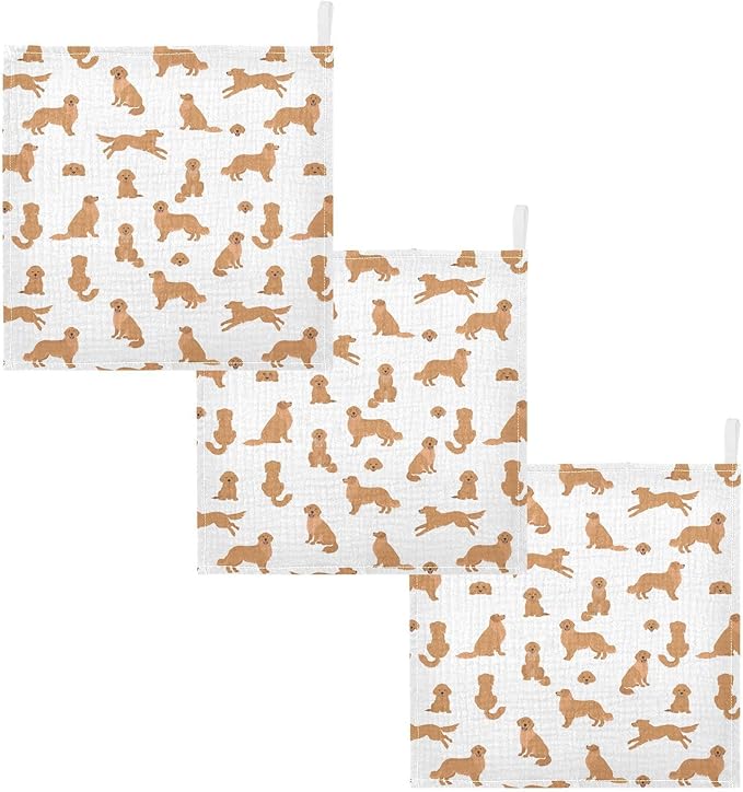 Baby Golden Retriever Dogs Muslin Washcloths 3 Pack - Muslin Burp Cloths Hanky Large 11.8"X11.8" Extra Soft Absorbent Baby Burp Rags for Newborn 100% Cotton for Boys Girls Gift