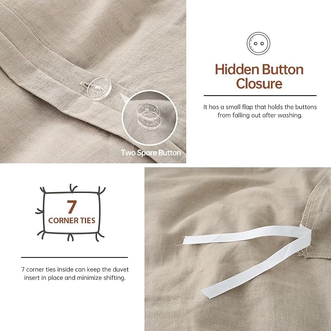 Simple&Opulence French Linen Duvet Cover Set 68" x 86"- 2 Pieces (1 Comforter Cover,1 Pillowcase)- Natural Flax Cotton Blend-Solid Color Breathable Farmhouse Bedding- Khaki, Twin