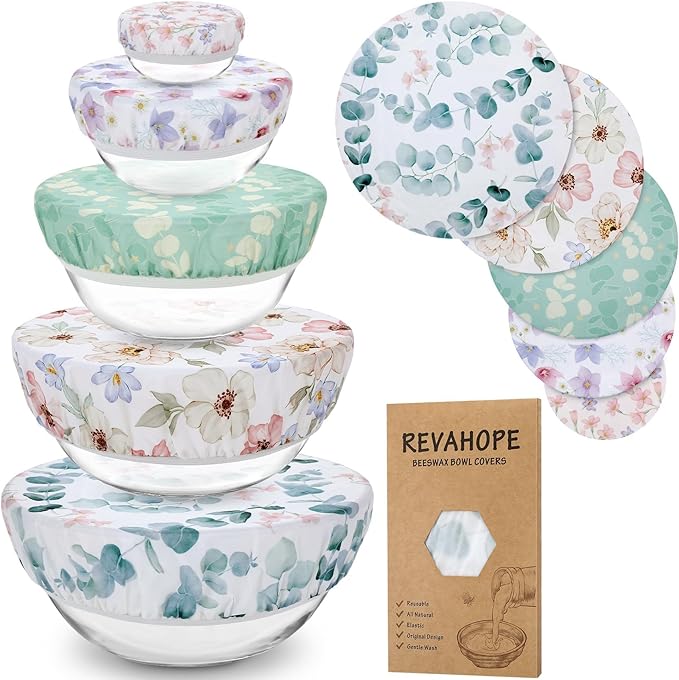 5-Size Reusable Beeswax Elastic Bowl Covers for Bread Proofing, Cotton Cloth Flexible Beeswax Wraps for Sourdough Cover and Food Storage Shower Caps for Sourdough Bread Supplies