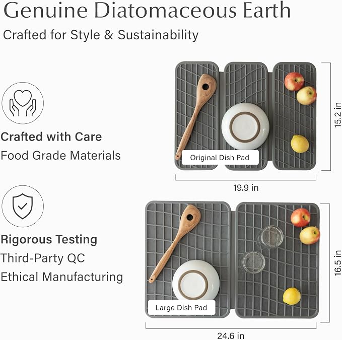 Dorai Home Dish Pad - Collapsable Stone Dish Drying Mat with Diatomaceous Earth for Quick Drying - Ultra Absorbent - Encased in Silicone - Eco-Friendly, Foldable - Original 19.9"x15.2", Slate