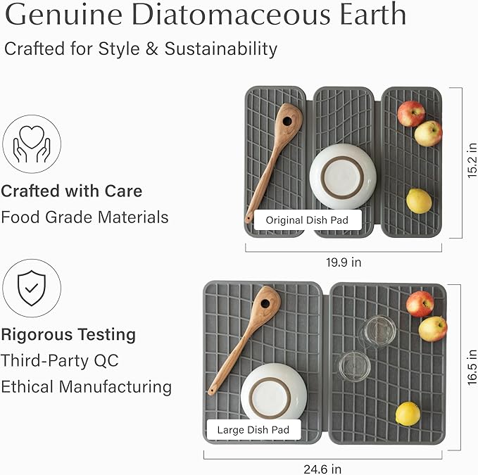 Dorai Home Dish Pad - Collapsable Stone Dish Drying Mat with Diatomaceous Earth for Quick Drying - Ultra Absorbent - Encased in Silicone - Eco-Friendly, Foldable - Large 24.6" x 16.5", Slate