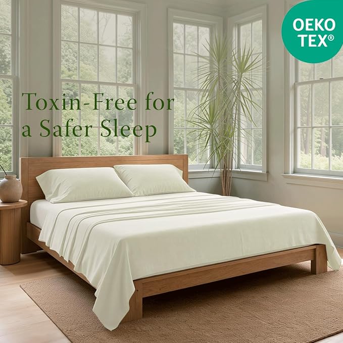 Threadmill 100% Organic Cotton Twin Sheet Set - GOTS Certified, 3 Piece, Ivory - Soft and Breathable Sheets with All-Round Elastic Deep Pocket for Snug Fit Bedding Set