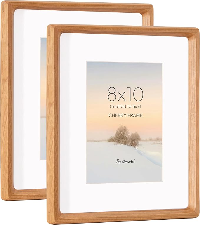 8x10 Picture Frame Set of 2, USA-Sourced Cherry Wood Photo Frame with HD Tempered Glass, Handcrafted Rounded Corner 8 x 10 Wooden Frames Matted to 5x7 Photos, 8x10 Frames, Tabletop or Wall Display