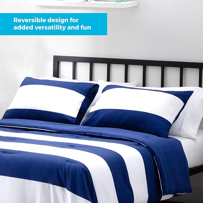 LINENSPA All Season Hypoallergenic Down Alternative Microfiber Comforter, California King, Navy/White