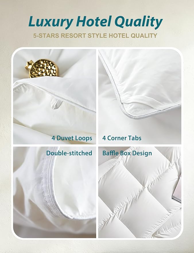 Cobnom® Luxury Organic Feather Down Comforter Full Size, All-Season Duvet Insert, Fluffy Fill-Power Down Feather Fibers Filled, 100% Cotton Cover, Medium Warm, 82x86 Inch, Ivory White