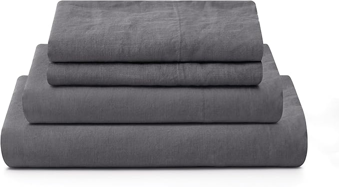ATLINIA 100% Pure Flax Linen Bedding Set - Stone Washed French Linen Fabric Deep Pocket Fitted Sheet Farmhouse Flat Sheet 2 Pillowcases (Dark Grey, California King)