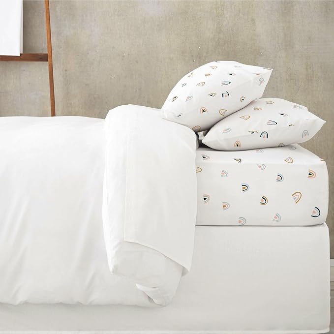 MakeMake Organics Organic Full Fitted Sheet Set GOTS Certified Organic Cotton Fitted Sheet with Pillowcase Ultra Soft Non Toxic Breathable Hypoallergenic Colorful Neutral (Full, Rainbow)
